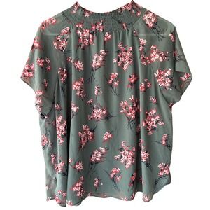 Madewell Womens Green Floral Smocked Neck Short Sleeve Blouse Top Size S